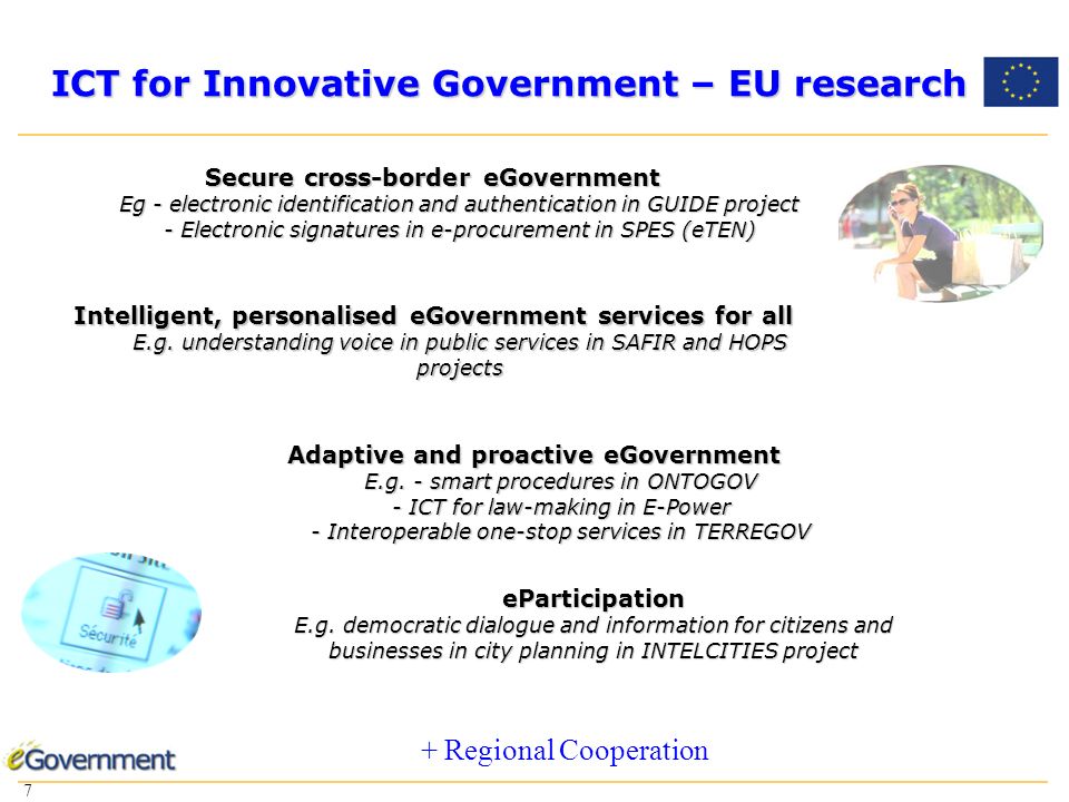 7 7 ICT for Innovative Government – EU research eParticipation E.g.