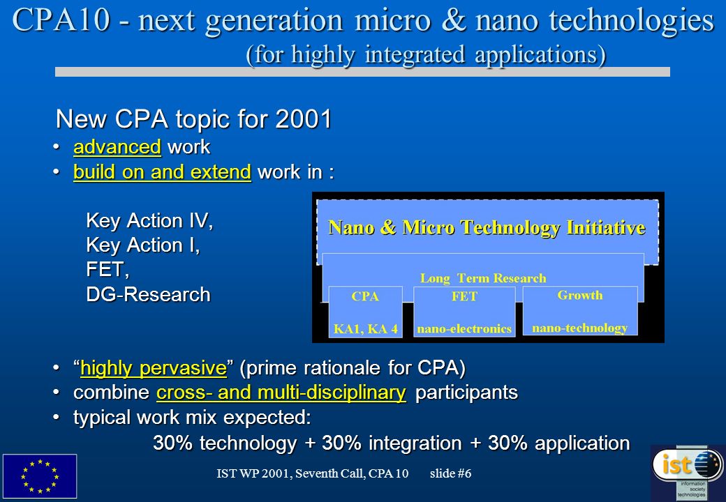 IST WP 2001, Seventh Call, CPA 10 slide #6 CPA10 - next generation micro & nano technologies (for highly integrated applications) New CPA topic for 2001 New CPA topic for 2001 advanced workadvanced work build on and extend work in :build on and extend work in : Key Action IV, Key Action I, FET,DG-Research highly pervasive (prime rationale for CPA)highly pervasive (prime rationale for CPA) combine cross- and multi-disciplinary participantscombine cross- and multi-disciplinary participants typical work mix expected:typical work mix expected: 30% technology + 30% integration + 30% application