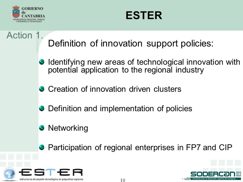 10 ESTER Definition of innovation support policies: Identifying new areas of technological innovation with potential application to the regional industry Creation of innovation driven clusters Definition and implementation of policies Networking Participation of regional enterprises in FP7 and CIP Action 1.