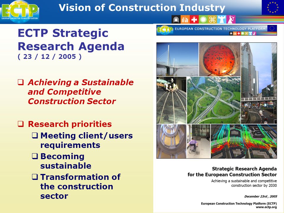 STRATEGIC RESEARCH AGENDA Vision of Construction Industry 16 ECTP Strategic Research Agenda ( 23 / 12 / 2005 ) Achieving a Sustainable and Competitive Construction Sector Research priorities Meeting client/users requirements Becoming sustainable Transformation of the construction sector