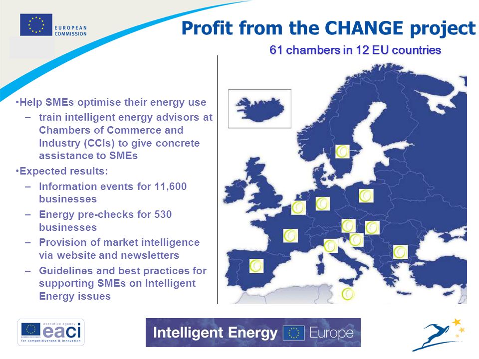 6 Profit from the CHANGE project Help SMEs optimise their energy use –train intelligent energy advisors at Chambers of Commerce and Industry (CCIs) to give concrete assistance to SMEs Expected results: –Information events for 11,600 businesses –Energy pre-checks for 530 businesses –Provision of market intelligence via website and newsletters –Guidelines and best practices for supporting SMEs on Intelligent Energy issues 61 chambers in 12 EU countries