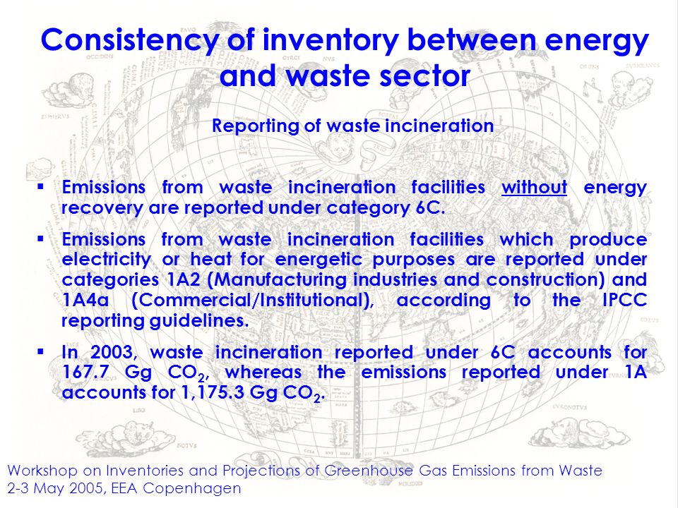 Workshop on Inventories and Projections of Greenhouse Gas Emissions from Waste 2-3 May 2005, EEA Copenhagen Consistency of inventory between energy and waste sector Reporting of waste incineration Emissions from waste incineration facilities without energy recovery are reported under category 6C.
