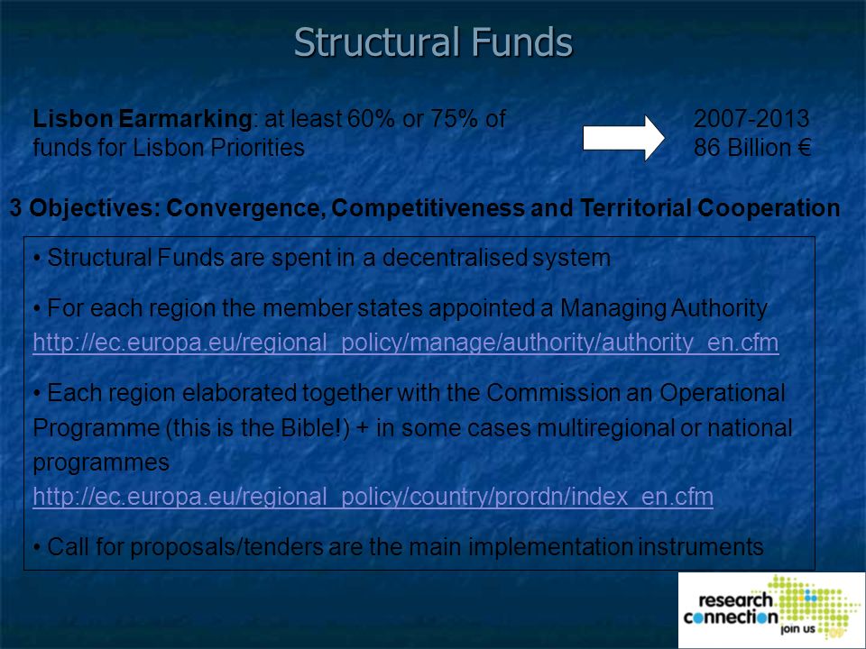 Structural Funds Lisbon Earmarking: at least 60% or 75% of funds for Lisbon Priorities Billion 3 Objectives: Convergence, Competitiveness and Territorial Cooperation Structural Funds are spent in a decentralised system For each region the member states appointed a Managing Authority     Each region elaborated together with the Commission an Operational Programme (this is the Bible!) + in some cases multiregional or national programmes     Call for proposals/tenders are the main implementation instruments