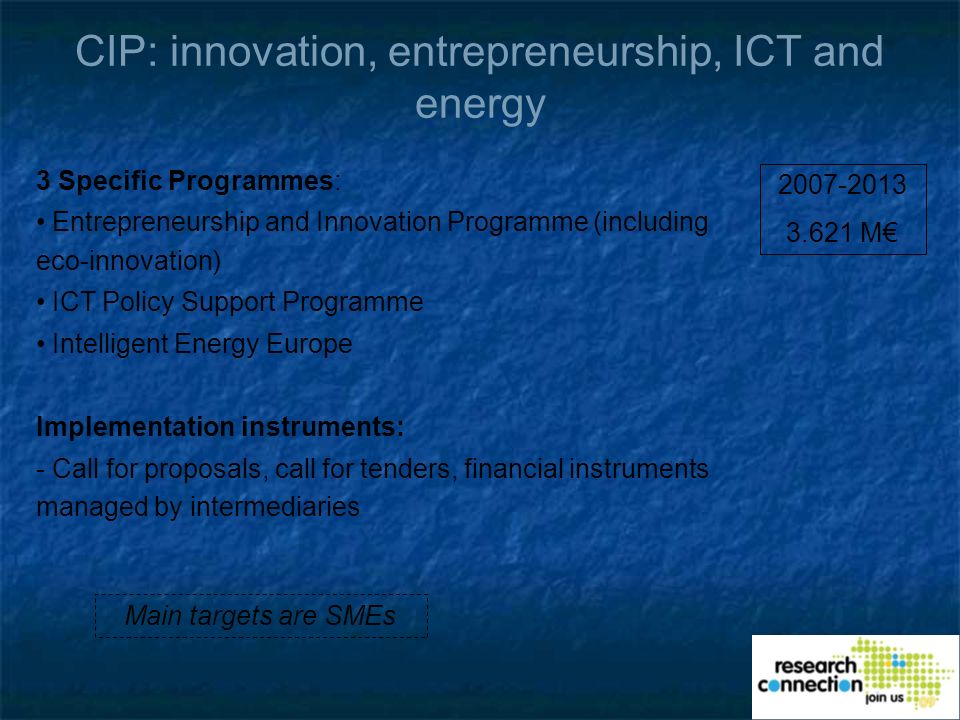 CIP: innovation, entrepreneurship, ICT and energy M 3 Specific Programmes: Entrepreneurship and Innovation Programme (including eco-innovation) ICT Policy Support Programme Intelligent Energy Europe Implementation instruments: - Call for proposals, call for tenders, financial instruments managed by intermediaries Main targets are SMEs