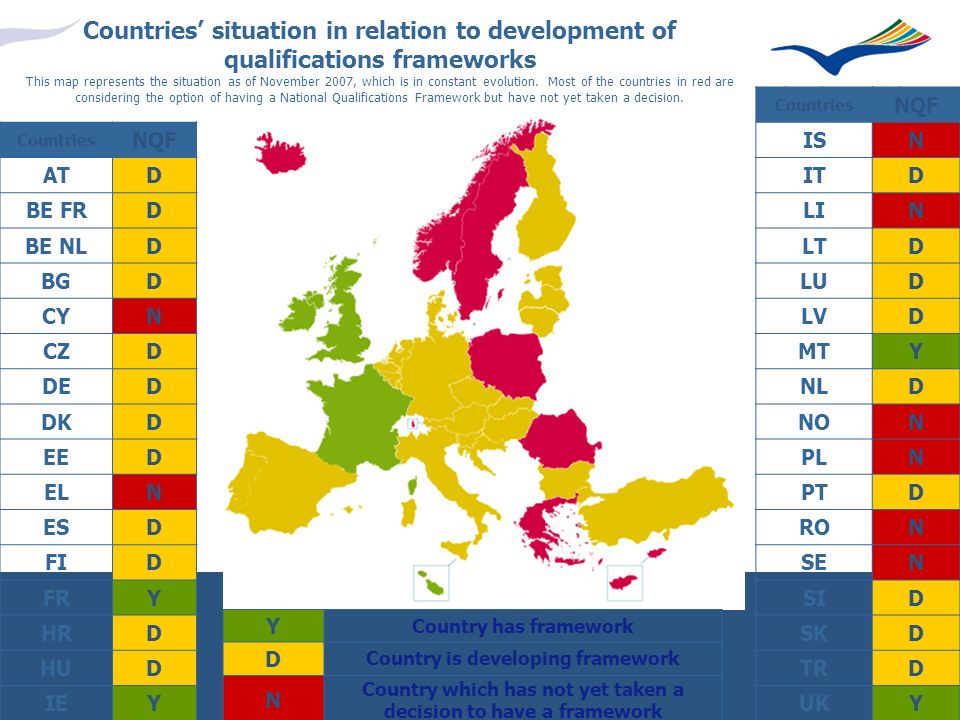 5 5 Countries situation in relation to development of qualifications frameworks This map represents the situation as of November 2007, which is in constant evolution.