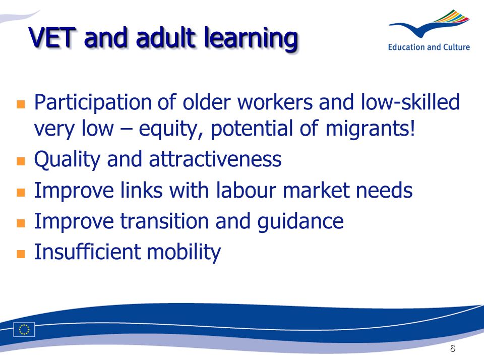 6 VET and adult learning Participation of older workers and low-skilled very low – equity, potential of migrants.