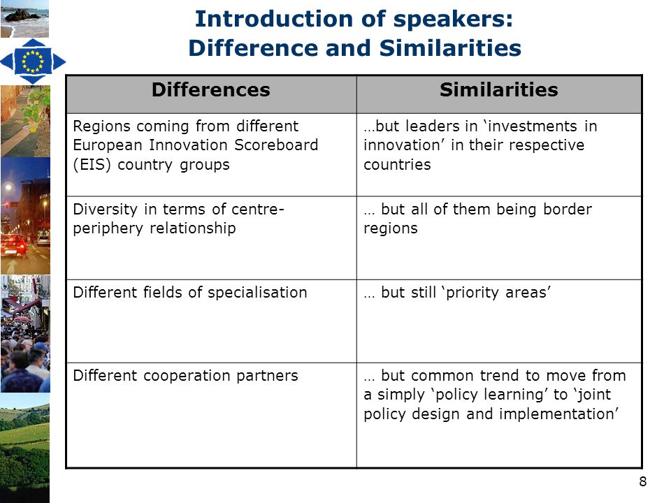 8 Introduction of speakers: Difference and Similarities DifferencesSimilarities Regions coming from different European Innovation Scoreboard (EIS) country groups …but leaders in investments in innovation in their respective countries Diversity in terms of centre- periphery relationship … but all of them being border regions Different fields of specialisation … but still priority areas Different cooperation partners… but common trend to move from a simply policy learning to joint policy design and implementation