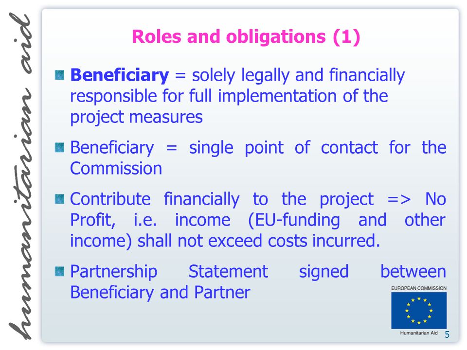 5 Roles and obligations (1) Beneficiary = solely legally and financially responsible for full implementation of the project measures Beneficiary = single point of contact for the Commission Contribute financially to the project => No Profit, i.e.