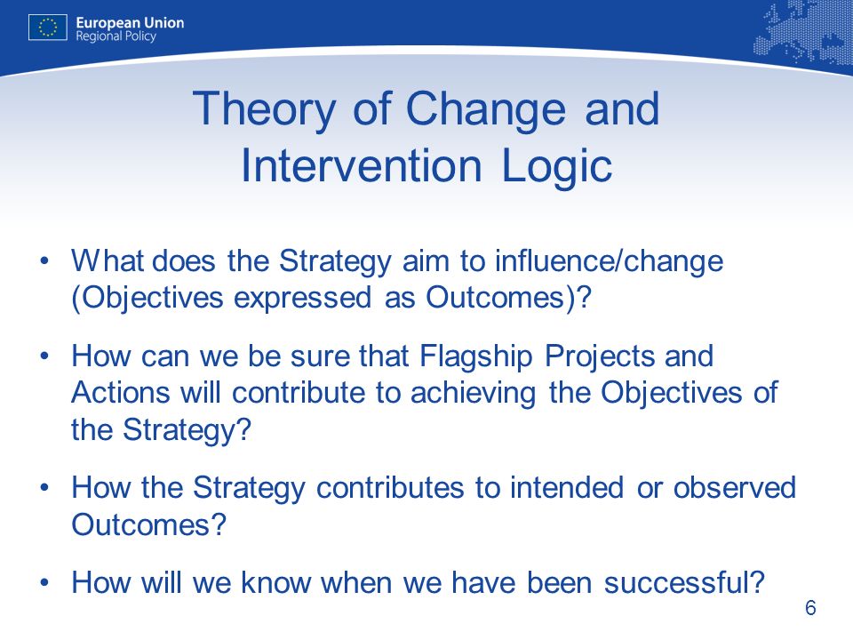 6 Theory of Change and Intervention Logic What does the Strategy aim to influence/change (Objectives expressed as Outcomes).