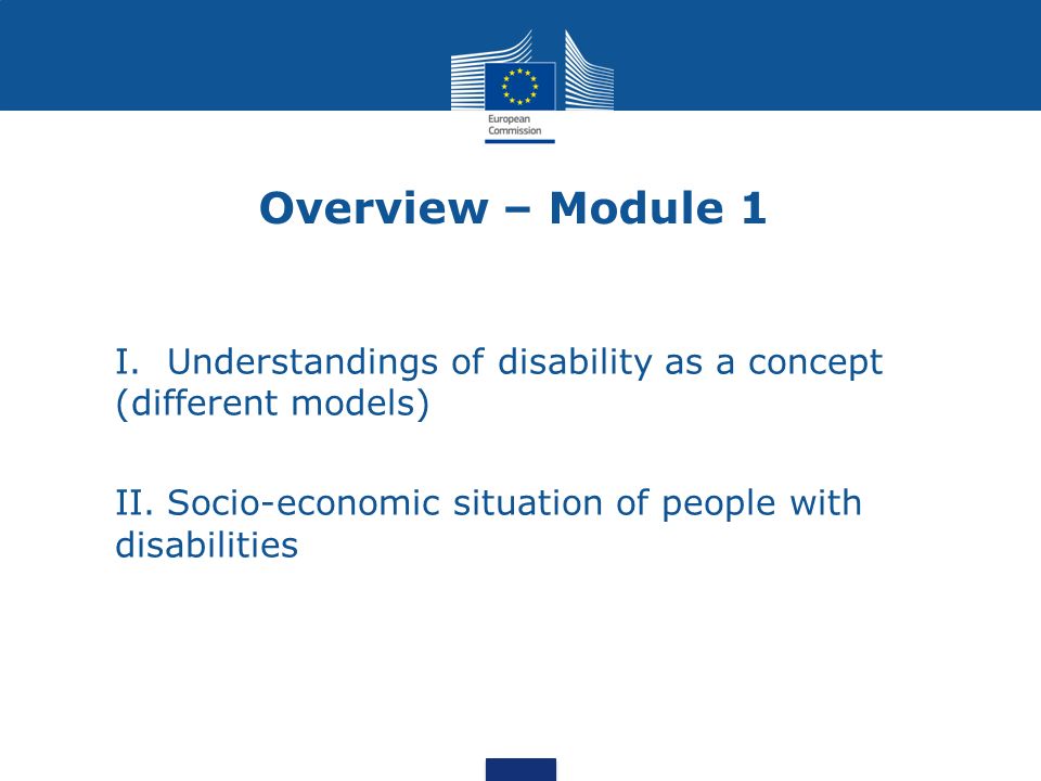 Overview – Module 1 1)I.Understandings of disability as a concept (different models) 2)II.Socio-economic situation of people with disabilities