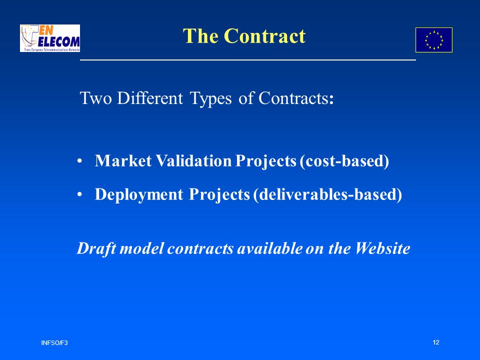 INFSO/F3 12 The Contract Market Validation Projects (cost-based) Deployment Projects (deliverables-based) Draft model contracts available on the Website Two Different Types of Contracts: