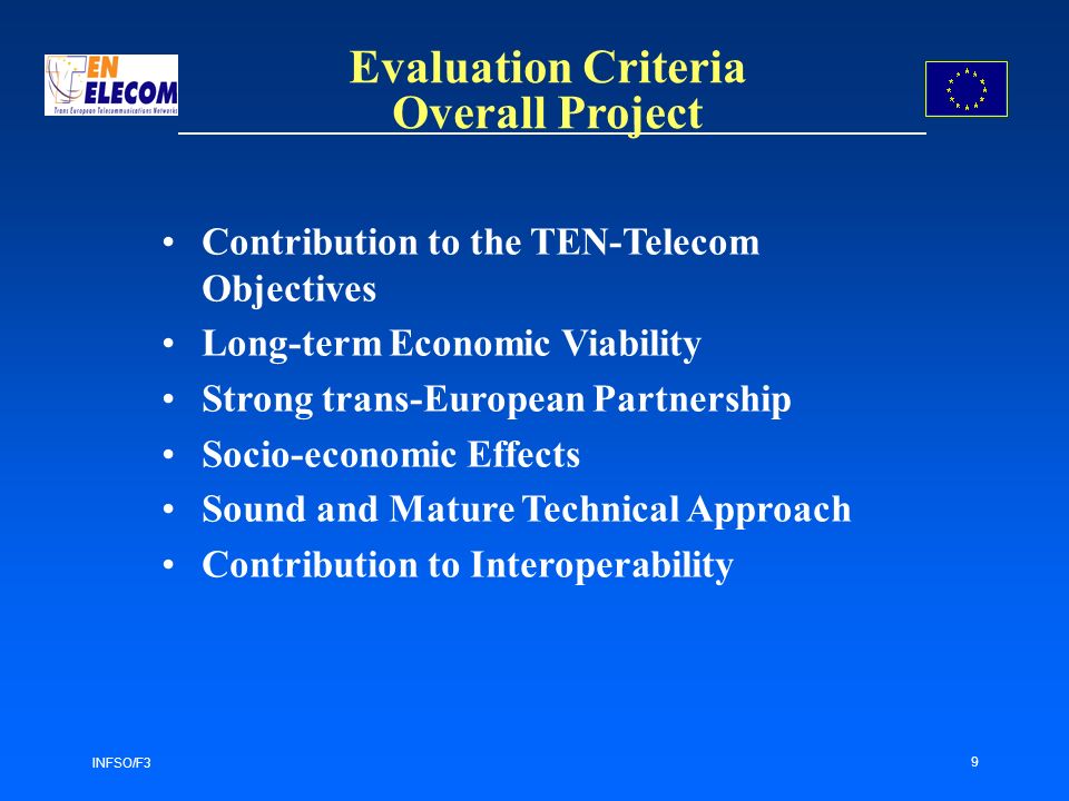 INFSO/F3 9 Evaluation Criteria Overall Project Contribution to the TEN-Telecom Objectives Long-term Economic Viability Strong trans-European Partnership Socio-economic Effects Sound and Mature Technical Approach Contribution to Interoperability