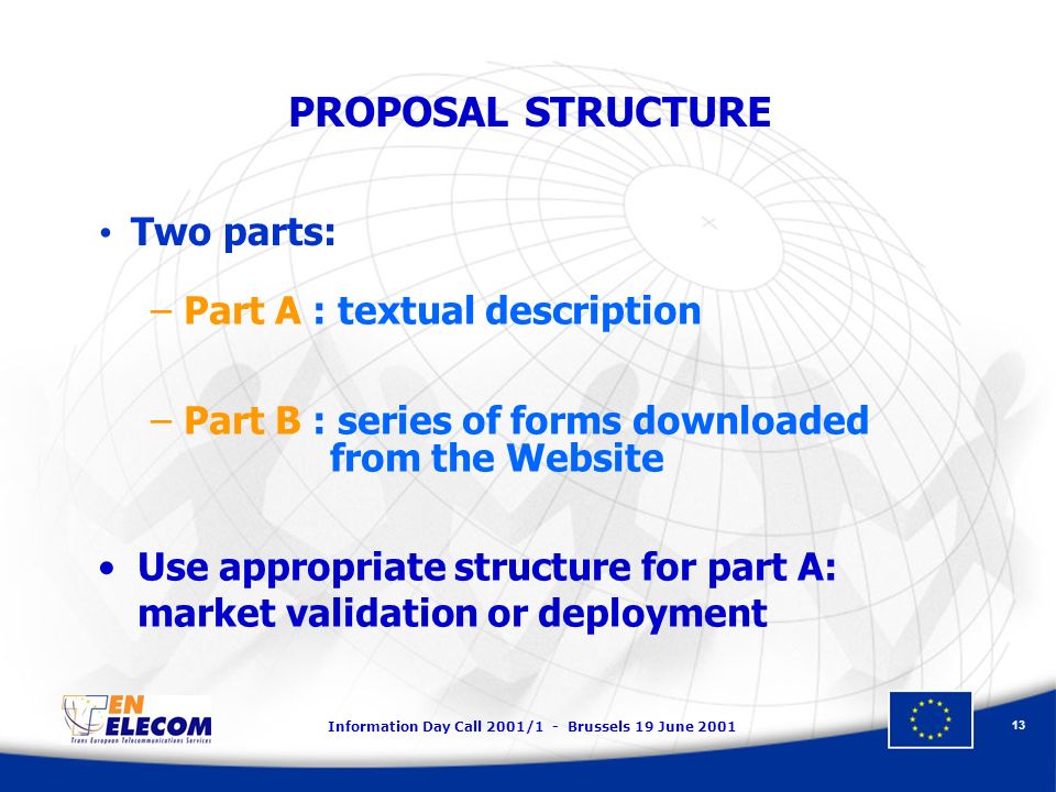 Information Day Call 2001/1 - Brussels 19 June PROPOSAL STRUCTURE –Part A : textual description –Part B : series of forms downloaded from the Website Use appropriate structure for part A: market validation or deployment Two parts: