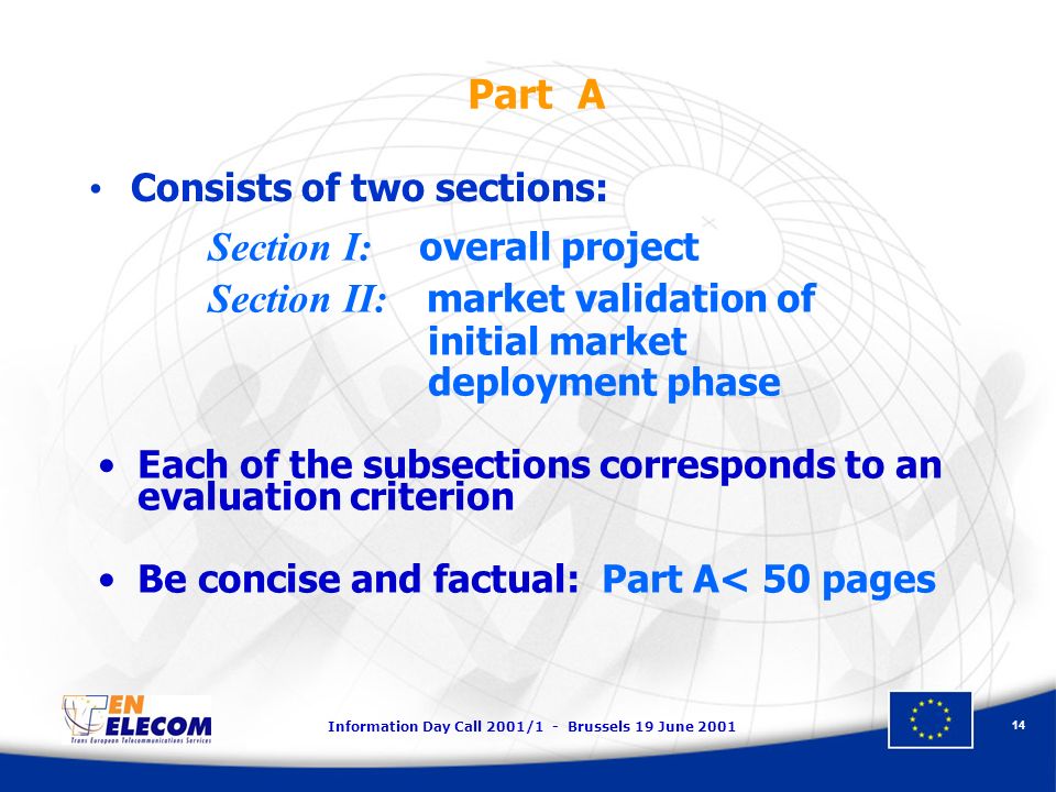 Information Day Call 2001/1 - Brussels 19 June Part A Section I: overall project Section II: market validation of initial market deployment phase Each of the subsections corresponds to an evaluation criterion Be concise and factual: Part A< 50 pages Consists of two sections: