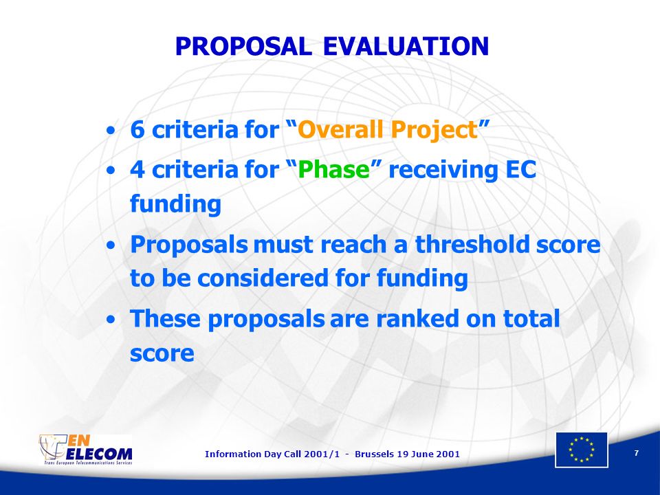 Information Day Call 2001/1 - Brussels 19 June PROPOSAL EVALUATION 6 criteria for Overall Project 4 criteria for Phase receiving EC funding Proposals must reach a threshold score to be considered for funding These proposals are ranked on total score