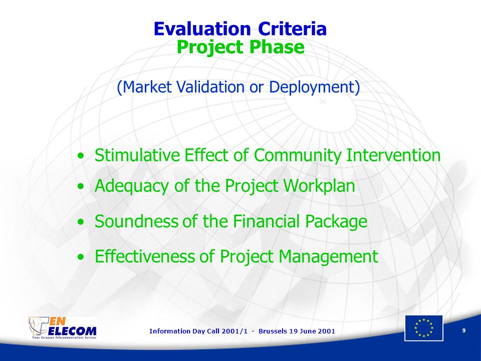 Information Day Call 2001/1 - Brussels 19 June Evaluation Criteria Project Phase Stimulative Effect of Community Intervention Adequacy of the Project Workplan Soundness of the Financial Package Effectiveness of Project Management (Market Validation or Deployment)