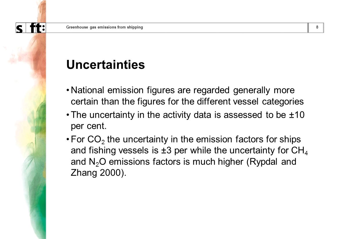 8Greenhouse gas emissions from shipping Uncertainties National emission figures are regarded generally more certain than the figures for the different vessel categories The uncertainty in the activity data is assessed to be ±10 per cent.