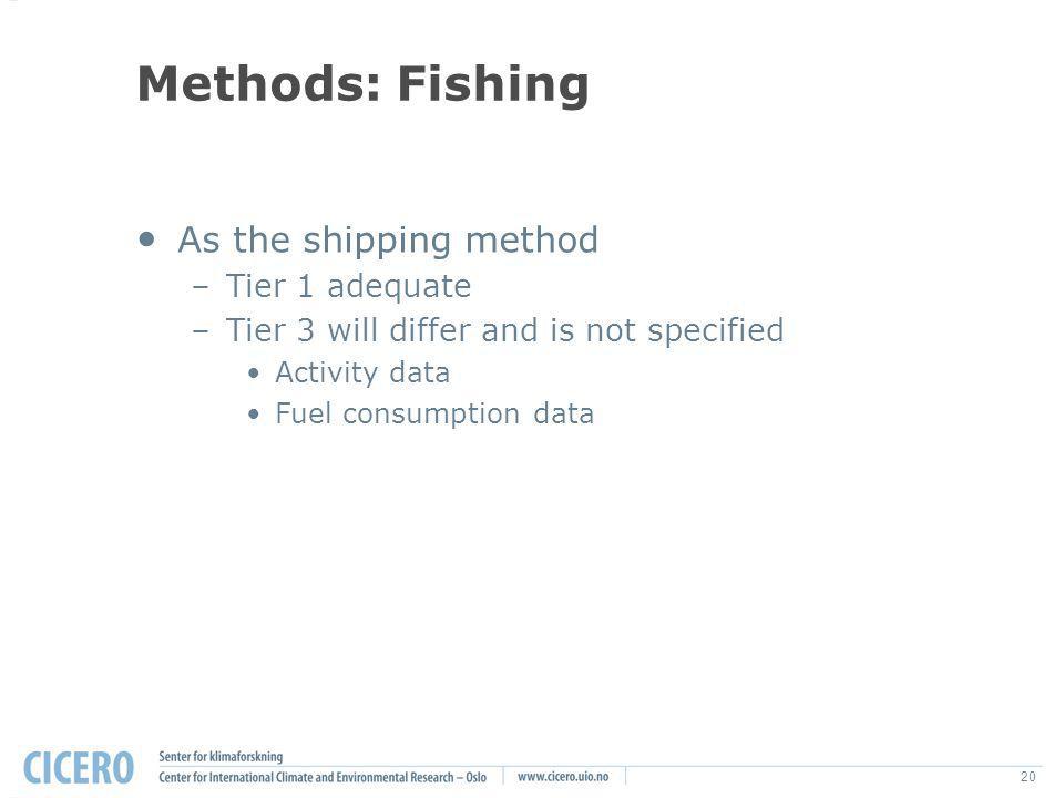 20 Methods: Fishing As the shipping method –Tier 1 adequate –Tier 3 will differ and is not specified Activity data Fuel consumption data