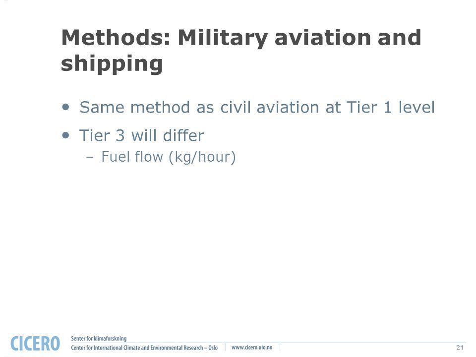 21 Methods: Military aviation and shipping Same method as civil aviation at Tier 1 level Tier 3 will differ –Fuel flow (kg/hour)