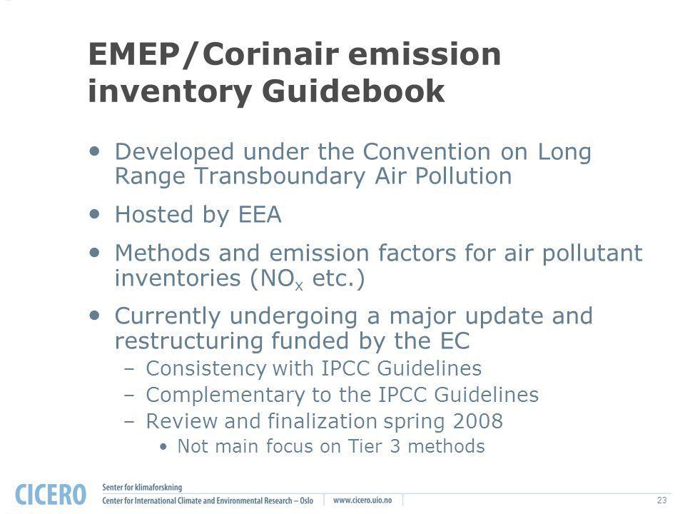 23 EMEP/Corinair emission inventory Guidebook Developed under the Convention on Long Range Transboundary Air Pollution Hosted by EEA Methods and emission factors for air pollutant inventories (NO x etc.) Currently undergoing a major update and restructuring funded by the EC –Consistency with IPCC Guidelines –Complementary to the IPCC Guidelines –Review and finalization spring 2008 Not main focus on Tier 3 methods