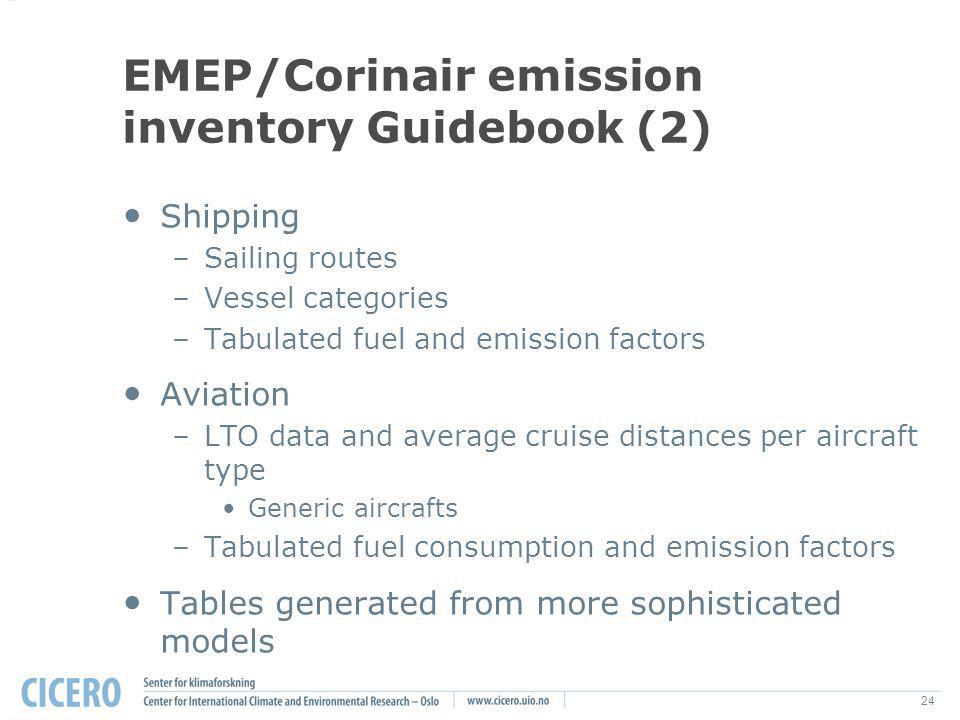 24 EMEP/Corinair emission inventory Guidebook (2) Shipping –Sailing routes –Vessel categories –Tabulated fuel and emission factors Aviation –LTO data and average cruise distances per aircraft type Generic aircrafts –Tabulated fuel consumption and emission factors Tables generated from more sophisticated models