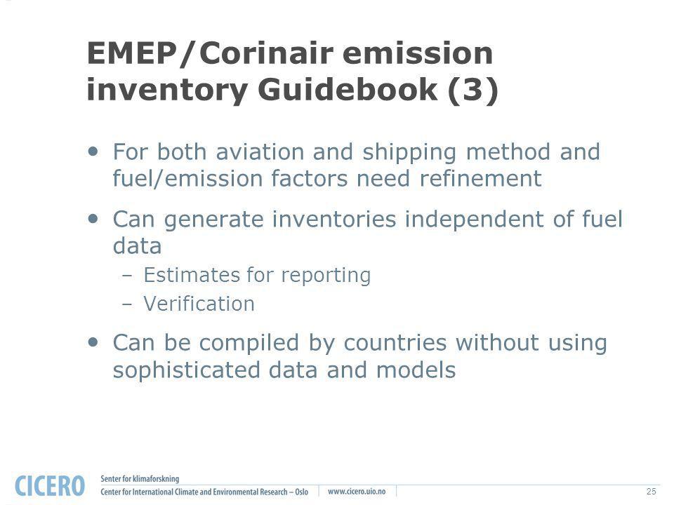 25 EMEP/Corinair emission inventory Guidebook (3) For both aviation and shipping method and fuel/emission factors need refinement Can generate inventories independent of fuel data –Estimates for reporting –Verification Can be compiled by countries without using sophisticated data and models