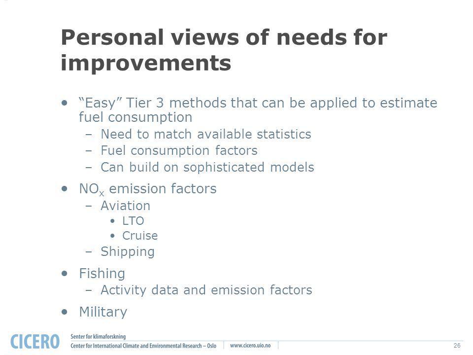 26 Personal views of needs for improvements Easy Tier 3 methods that can be applied to estimate fuel consumption –Need to match available statistics –Fuel consumption factors –Can build on sophisticated models NO x emission factors –Aviation LTO Cruise –Shipping Fishing –Activity data and emission factors Military