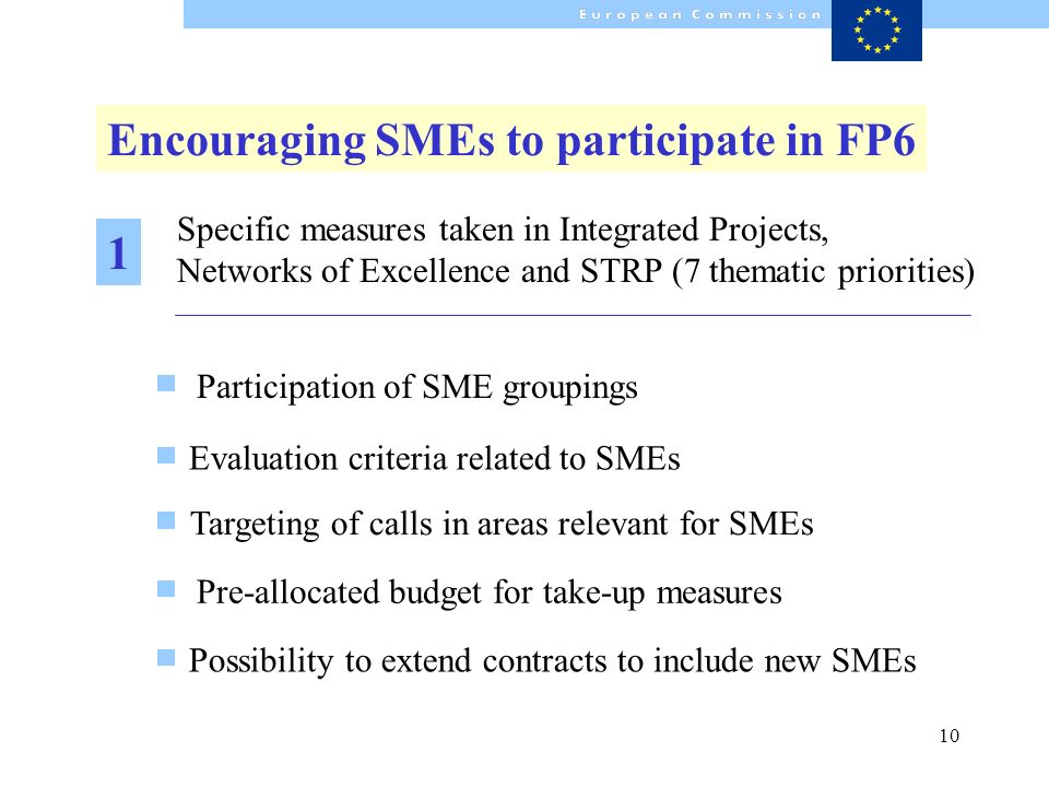 10 Specific measures taken in Integrated Projects, Networks of Excellence and STRP (7 thematic priorities) Targeting of calls in areas relevant for SMEs Participation of SME groupings Evaluation criteria related to SMEs Pre-allocated budget for take-up measures Possibility to extend contracts to include new SMEs Encouraging SMEs to participate in FP6 1