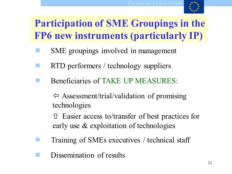 11 Dissemination of results Participation of SME Groupings in the FP6 new instruments (particularly IP) RTD performers / technology suppliers Beneficiaries of TAKE UP MEASURES: Training of SMEs executives / technical staff ï Assessment/trial/validation of promising technologies ñ Easier access to/transfer of best practices for early use & exploitation of technologies SME groupings involved in management