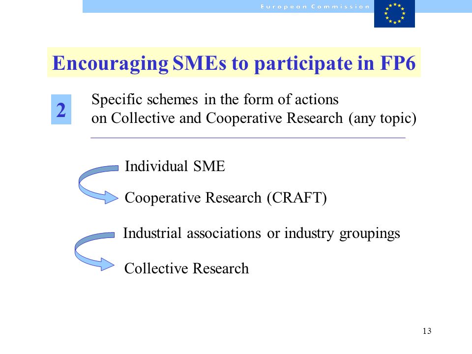 13 Specific schemes in the form of actions on Collective and Cooperative Research (any topic) Cooperative Research (CRAFT) Individual SME Encouraging SMEs to participate in FP6 2 Collective Research Industrial associations or industry groupings