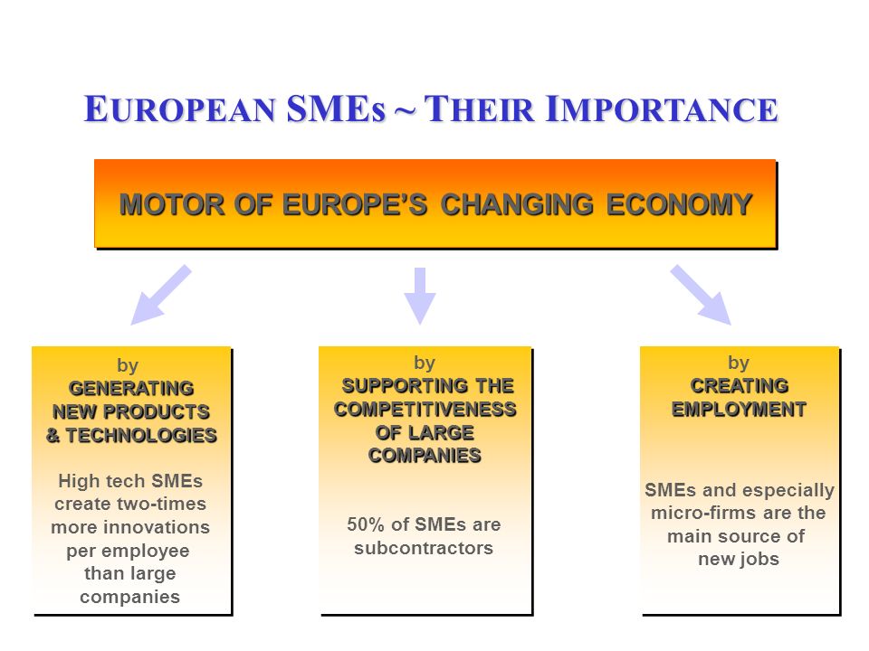 2 MOTOR OF EUROPES CHANGING ECONOMY GENERATING by GENERATING NEW PRODUCTS & TECHNOLOGIES High tech SMEs create two-times more innovations per employee than large companies GENERATING by GENERATING NEW PRODUCTS & TECHNOLOGIES High tech SMEs create two-times more innovations per employee than large companies SUPPORTING THE by SUPPORTING THECOMPETITIVENESS OF LARGE COMPANIES 50% of SMEs are subcontractors SUPPORTING THE by SUPPORTING THECOMPETITIVENESS OF LARGE COMPANIES 50% of SMEs are subcontractors CREATING by CREATINGEMPLOYMENT SMEs and especially micro-firms are the main source of new jobs CREATING by CREATINGEMPLOYMENT SMEs and especially micro-firms are the main source of new jobs E UROPEAN SMEs ~ T HEIR I MPORTANCE