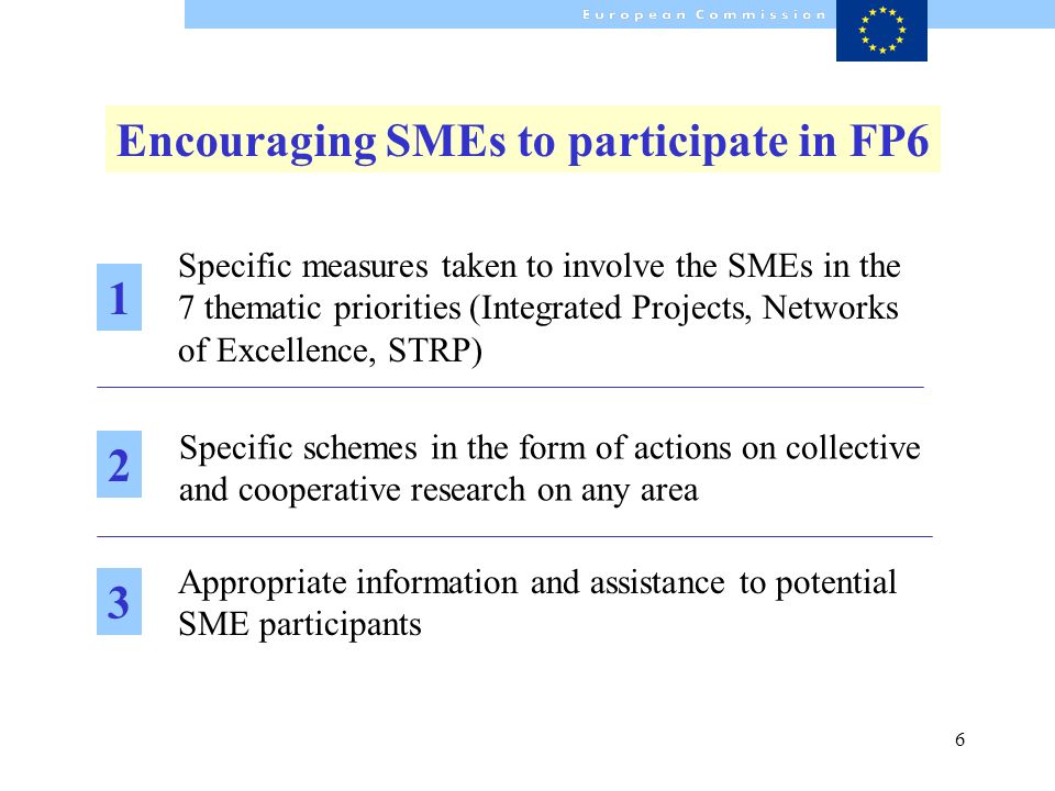 6 Encouraging SMEs to participate in FP6 Appropriate information and assistance to potential SME participants Specific measures taken to involve the SMEs in the 7 thematic priorities (Integrated Projects, Networks of Excellence, STRP) Specific schemes in the form of actions on collective and cooperative research on any area 1 2 3