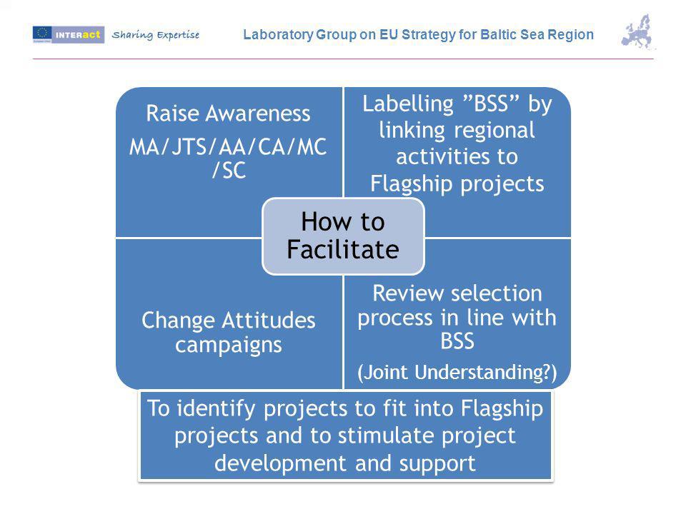 Raise Awareness MA/JTS/AA/CA/MC /SC Labelling BSS by linking regional activities to Flagship projects Change Attitudes campaigns Review selection process in line with BSS (Joint Understanding ) How to Facilitate To identify projects to fit into Flagship projects and to stimulate project development and support Laboratory Group on EU Strategy for Baltic Sea Region