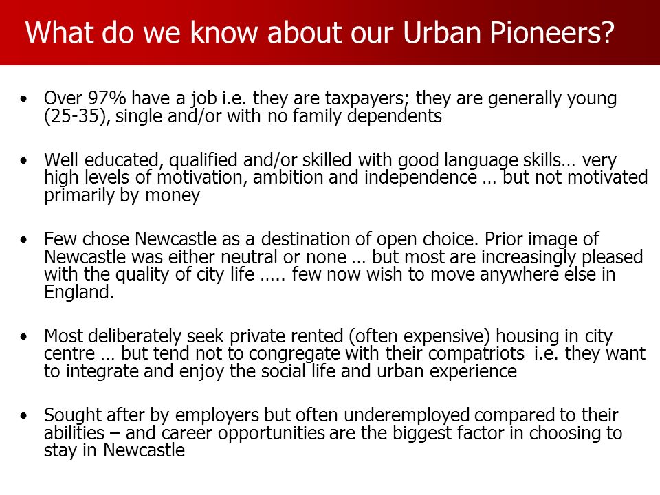 What do we know about our Urban Pioneers. Over 97% have a job i.e.