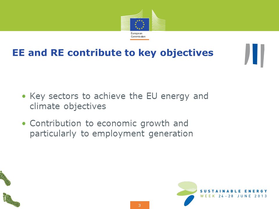 Add your logo here 3 EE and RE contribute to key objectives Key sectors to achieve the EU energy and climate objectives Contribution to economic growth and particularly to employment generation