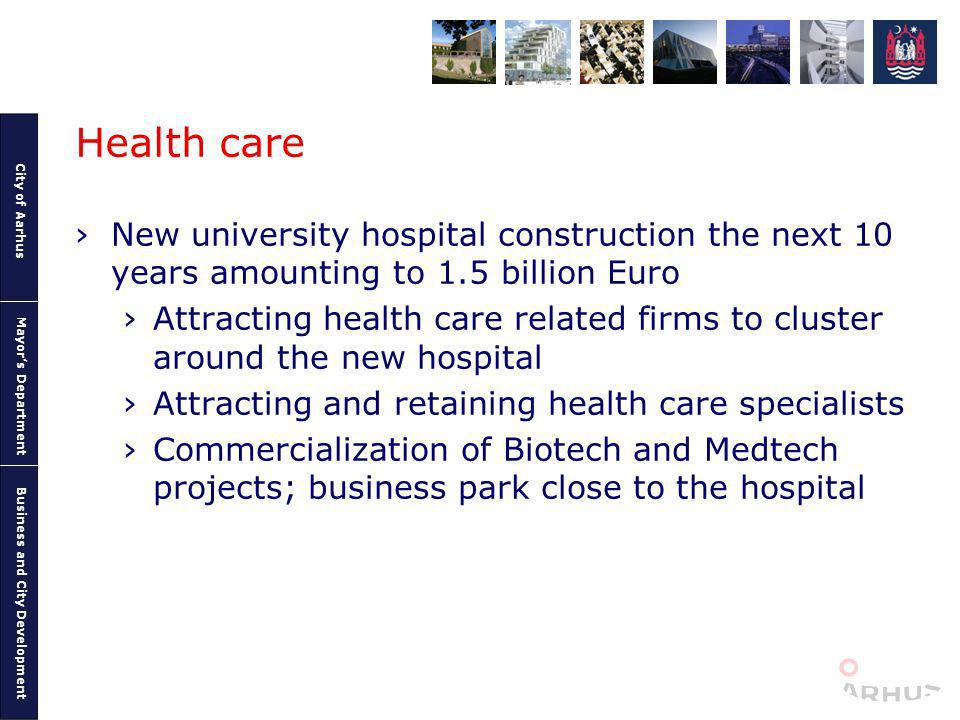 City of Aarhus Mayors Department Business and City Development Health care New university hospital construction the next 10 years amounting to 1.5 billion Euro Attracting health care related firms to cluster around the new hospital Attracting and retaining health care specialists Commercialization of Biotech and Medtech projects; business park close to the hospital
