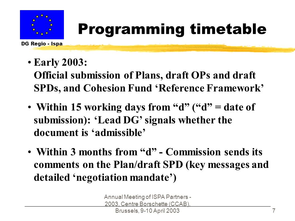 Annual Meeting of ISPA Partners , Centre Borschette (CCAB), Brussels, 9-10 April Programming timetable DG Regio - Ispa Early 2003: Official submission of Plans, draft OPs and draft SPDs, and Cohesion Fund Reference Framework Within 15 working days from d (d = date of submission): Lead DG signals whether the document is admissible Within 3 months from d - Commission sends its comments on the Plan/draft SPD (key messages and detailed negotiation mandate)