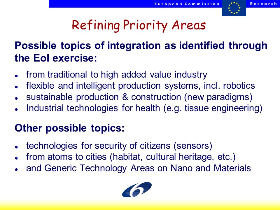 HP - NCPs - 23 Oct Refining Priority Areas Possible topics of integration as identified through the EoI exercise: l from traditional to high added value industry l flexible and intelligent production systems, incl.