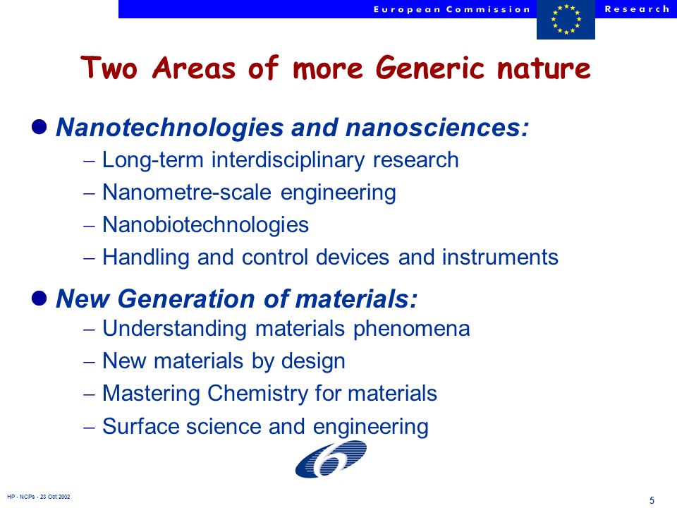 HP - NCPs - 23 Oct Two Areas of more Generic nature lNanotechnologies and nanosciences: Long-term interdisciplinary research Nanometre-scale engineering Nanobiotechnologies Handling and control devices and instruments lNew Generation of materials: Understanding materials phenomena New materials by design Mastering Chemistry for materials Surface science and engineering