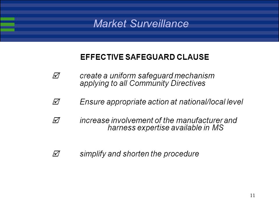 11 Market Surveillance EFFECTIVE SAFEGUARD CLAUSE create a uniform safeguard mechanism applying to all Community Directives Ensure appropriate action at national/local level increase involvement of the manufacturer and harness expertise available in MS simplify and shorten the procedure