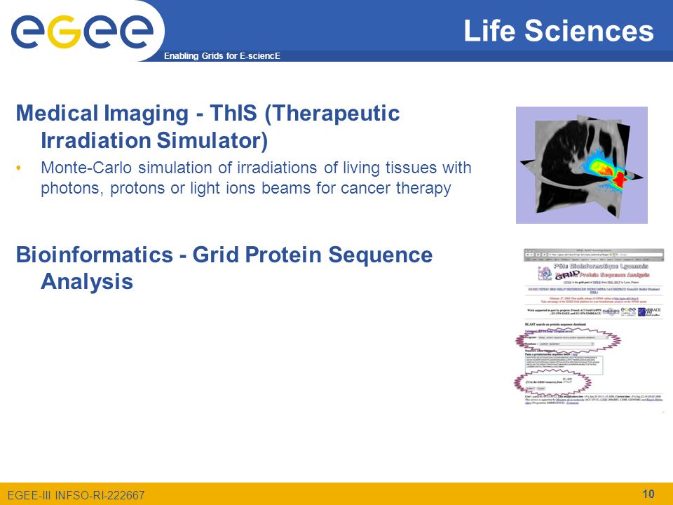 Enabling Grids for E-sciencE EGEE-III INFSO-RI Life Sciences Medical Imaging - ThIS (Therapeutic Irradiation Simulator) Monte-Carlo simulation of irradiations of living tissues with photons, protons or light ions beams for cancer therapy Bioinformatics - Grid Protein Sequence Analysis 10