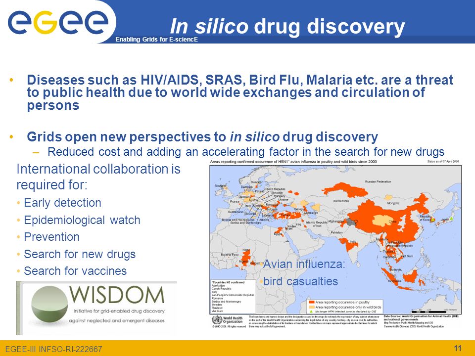 Enabling Grids for E-sciencE EGEE-III INFSO-RI In silico drug discovery Diseases such as HIV/AIDS, SRAS, Bird Flu, Malaria etc.