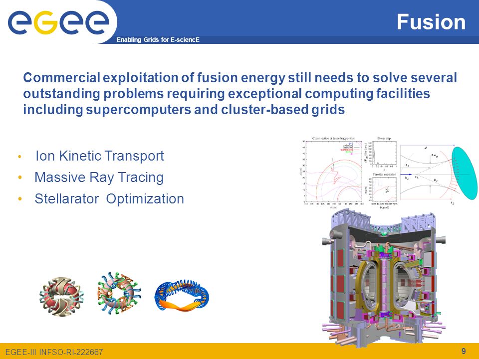 Enabling Grids for E-sciencE EGEE-III INFSO-RI Fusion 9 Ion Kinetic Transport Massive Ray Tracing Stellarator Optimization Commercial exploitation of fusion energy still needs to solve several outstanding problems requiring exceptional computing facilities including supercomputers and cluster-based grids