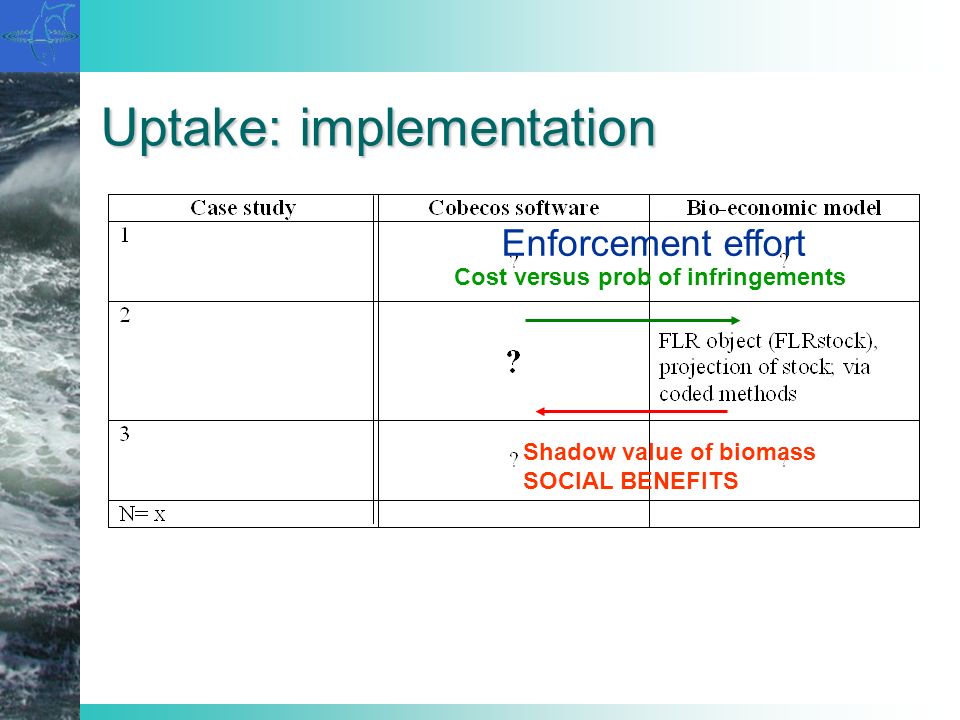 Uptake: implementation Shadow value of biomass SOCIAL BENEFITS Cost versus prob of infringements Enforcement effort