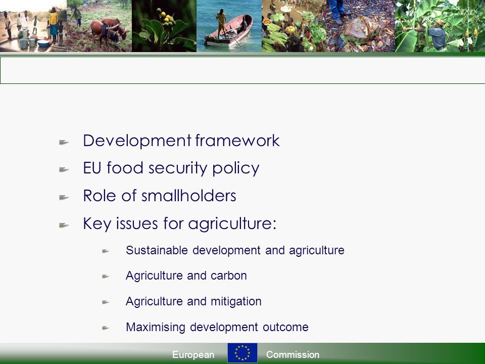 EuropeanCommission Development framework EU food security policy Role of smallholders Key issues for agriculture: Sustainable development and agriculture Agriculture and carbon Agriculture and mitigation Maximising development outcome