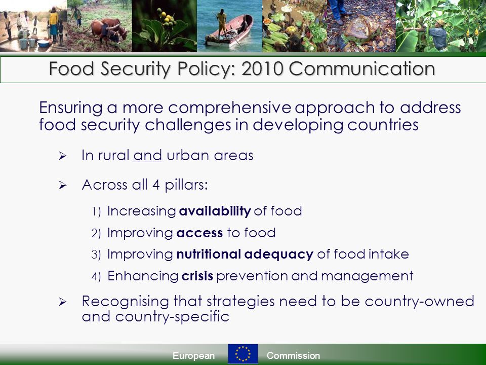 EuropeanCommission Food Security Policy: 2010 Communication Ensuring a more comprehensive approach to address food security challenges in developing countries In rural and urban areas Across all 4 pillars: 1) Increasing availability of food 2) Improving access to food 3) Improving nutritional adequacy of food intake 4) Enhancing crisis prevention and management Recognising that strategies need to be country-owned and country-specific