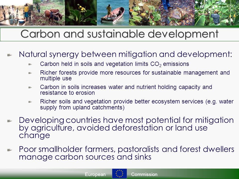 EuropeanCommission Carbon and sustainable development Natural synergy between mitigation and development: Carbon held in soils and vegetation limits CO 2 emissions Richer forests provide more resources for sustainable management and multiple use Carbon in soils increases water and nutrient holding capacity and resistance to erosion Richer soils and vegetation provide better ecosystem services (e.g.