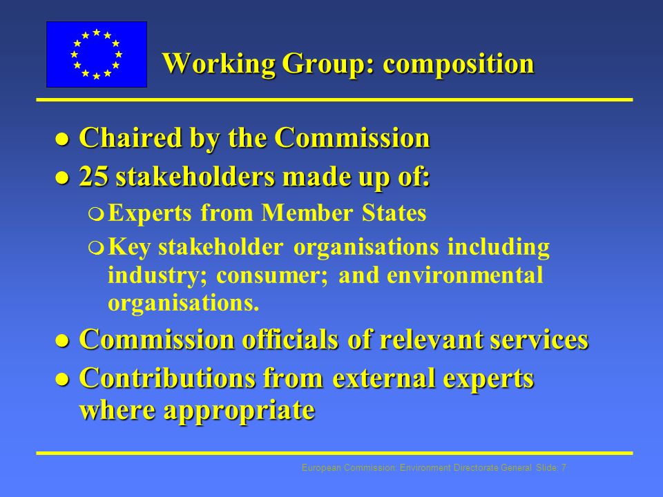 European Commission: Environment Directorate General Slide: 7 Working Group: composition l Chaired by the Commission l 25 stakeholders made up of: m Experts from Member States m Key stakeholder organisations including industry; consumer; and environmental organisations.