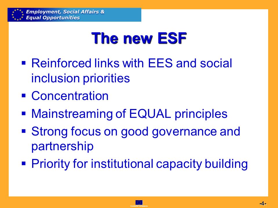 Commission européenne The new ESF Reinforced links with EES and social inclusion priorities Concentration Mainstreaming of EQUAL principles Strong focus on good governance and partnership Priority for institutional capacity building