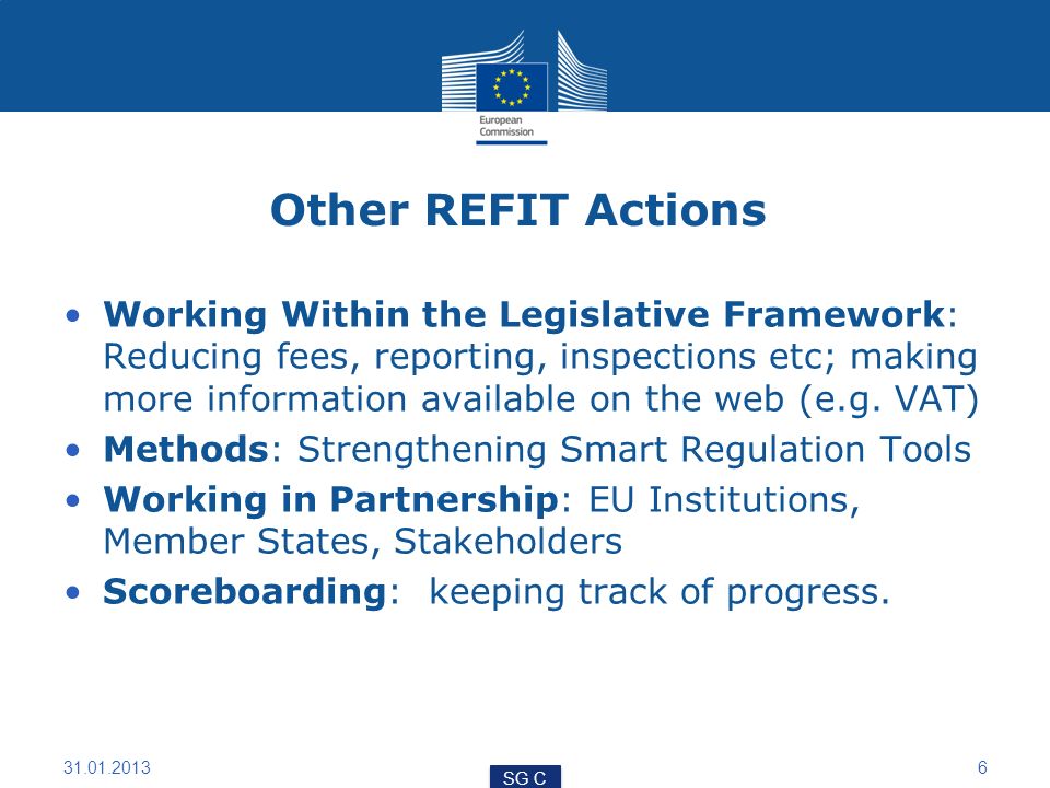 Other REFIT Actions Working Within the Legislative Framework: Reducing fees, reporting, inspections etc; making more information available on the web (e.g.